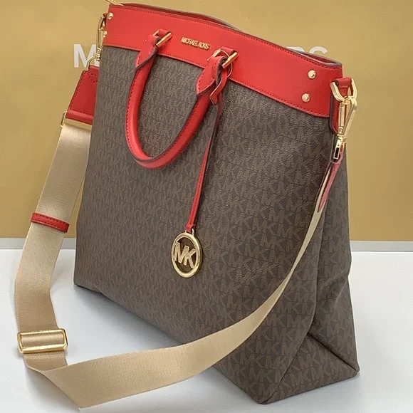 Michael Kors Travel Large Top Zip North South Tote Bag Flame/Brown signa… - Picture 4 of 16